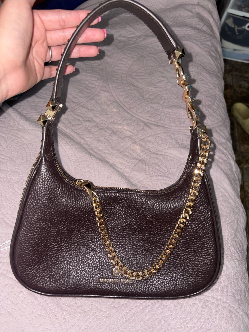 Michael Kors Dark Brown Pebbled Leather Shoulder Bag with Gold Chain Detail